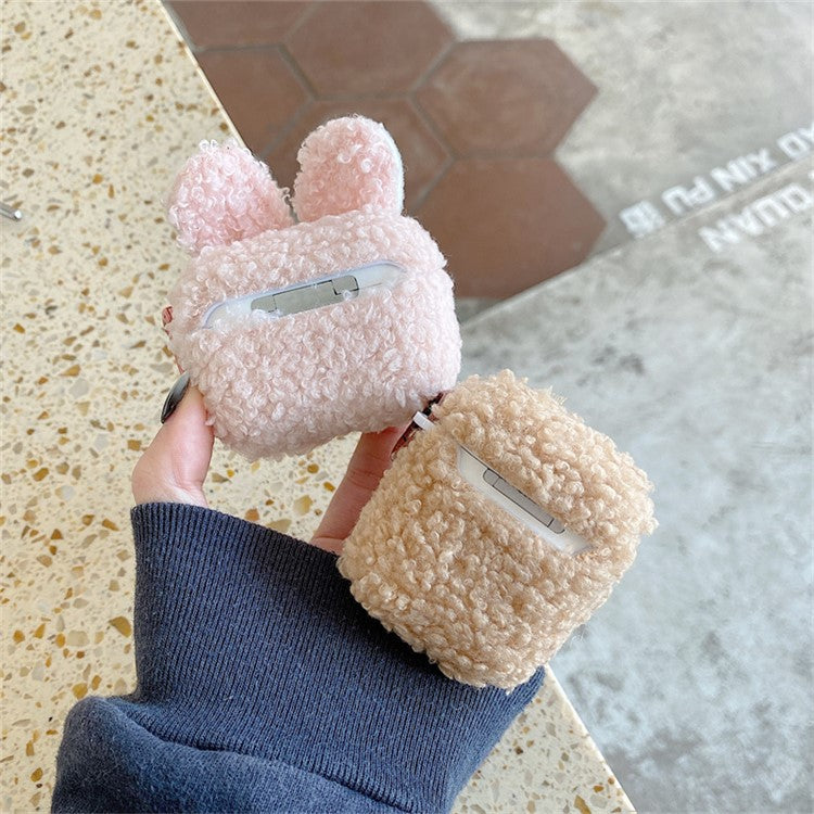 For AirPods with Charging Case (2016)  /  (2019)  /  AirPods with Wireless Charging Case (2019) Soft Fluff TPU Protective Cover Cute Cartoon Animal Earphone Anti-drop Case with Ring Buckle - Rabbit