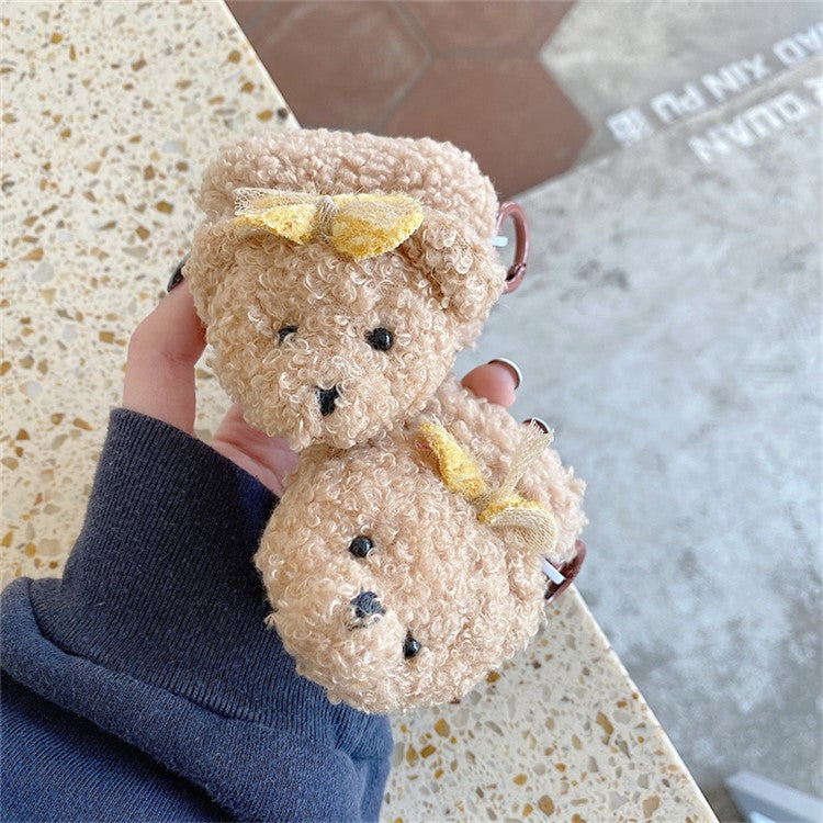 For AirPods with Charging Case (2016)  /  (2019)  /  AirPods with Wireless Charging Case (2019) Soft Fluff TPU Protective Cover Cute Cartoon Animal Earphone Anti-drop Case with Ring Buckle - Bear