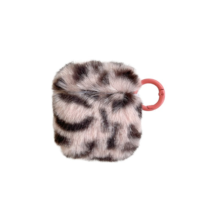 For AirPods with Charging Case (2016)  /  (2019)  /  AirPods with Wireless Charging Case (2019) Leopard Print Faux Fur Coated TPU Earphone Cover Drop-proof Case with Ring Buckle - Pink