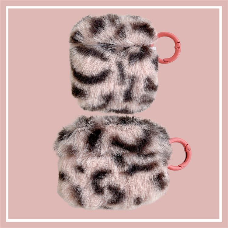 For AirPods with Charging Case (2016)  /  (2019)  /  AirPods with Wireless Charging Case (2019) Leopard Print Faux Fur Coated TPU Earphone Cover Drop-proof Case with Ring Buckle - Pink