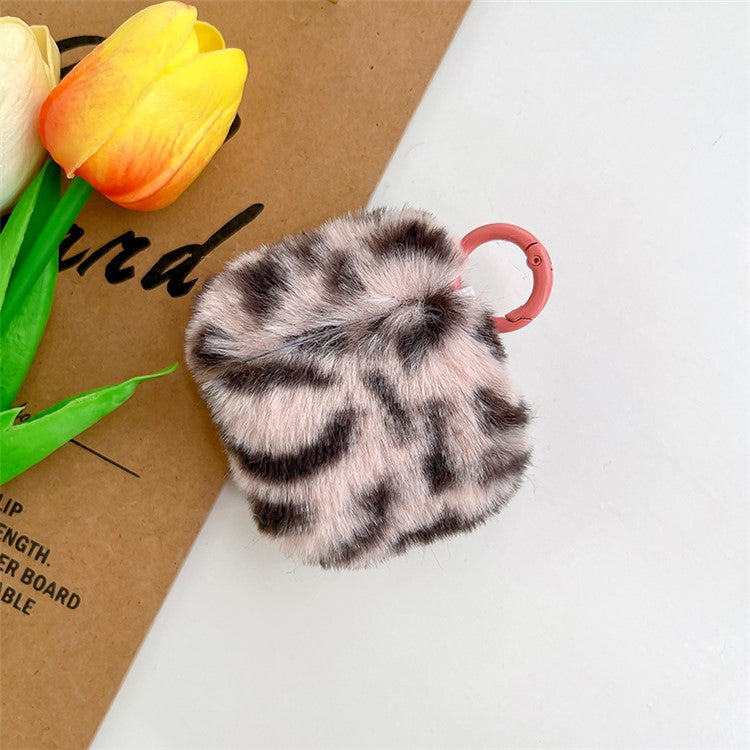 For AirPods with Charging Case (2016)  /  (2019)  /  AirPods with Wireless Charging Case (2019) Leopard Print Faux Fur Coated TPU Earphone Cover Drop-proof Case with Ring Buckle - Pink