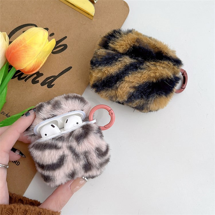 For AirPods with Charging Case (2016)  /  (2019)  /  AirPods with Wireless Charging Case (2019) Leopard Print Faux Fur Coated TPU Earphone Cover Drop-proof Case with Ring Buckle - Pink