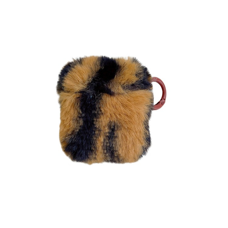 For AirPods with Charging Case (2016)  /  (2019)  /  AirPods with Wireless Charging Case (2019) Leopard Print Faux Fur Coated TPU Earphone Cover Drop-proof Case with Ring Buckle - Black / Brown