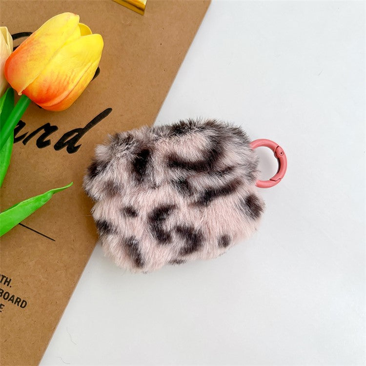 For Apple AirPods Pro Leopard Print Faux Fur Coated TPU Bluetooth Earphone Cover Anti-drop Protective Case with Ring Buckle - Pink