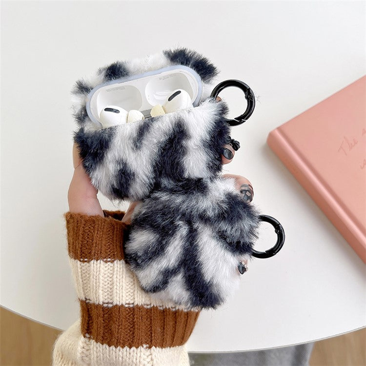 For Apple AirPods Pro Leopard Print Faux Fur Coated TPU Bluetooth Earphone Cover Anti-drop Protective Case with Ring Buckle - Black / White