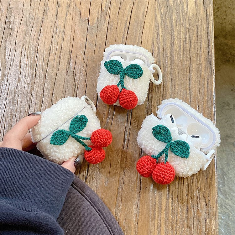 For Apple AirPods with Charging Case (2016) / (2019) / AirPods with Wireless Charging Case (2019) Knitted Cherry Decor Earphone Case Fluffy Plush TPU Earbud Cover with Ring Buckle