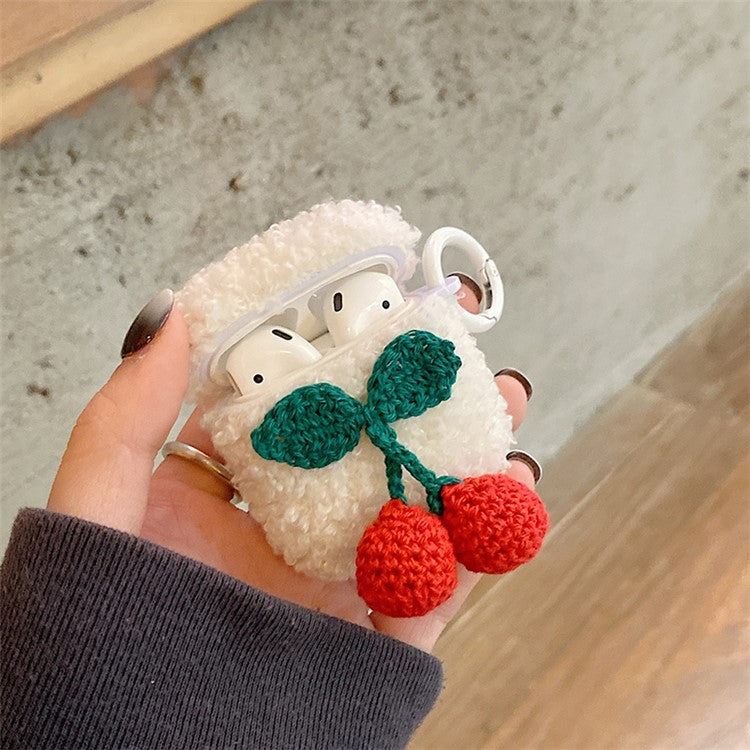 For Apple AirPods with Charging Case (2016) / (2019) / AirPods with Wireless Charging Case (2019) Knitted Cherry Decor Earphone Case Fluffy Plush TPU Earbud Cover with Ring Buckle