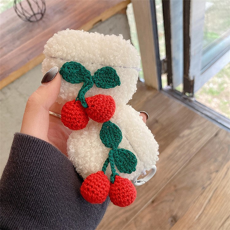 For Apple AirPods with Charging Case (2016) / (2019) / AirPods with Wireless Charging Case (2019) Knitted Cherry Decor Earphone Case Fluffy Plush TPU Earbud Cover with Ring Buckle