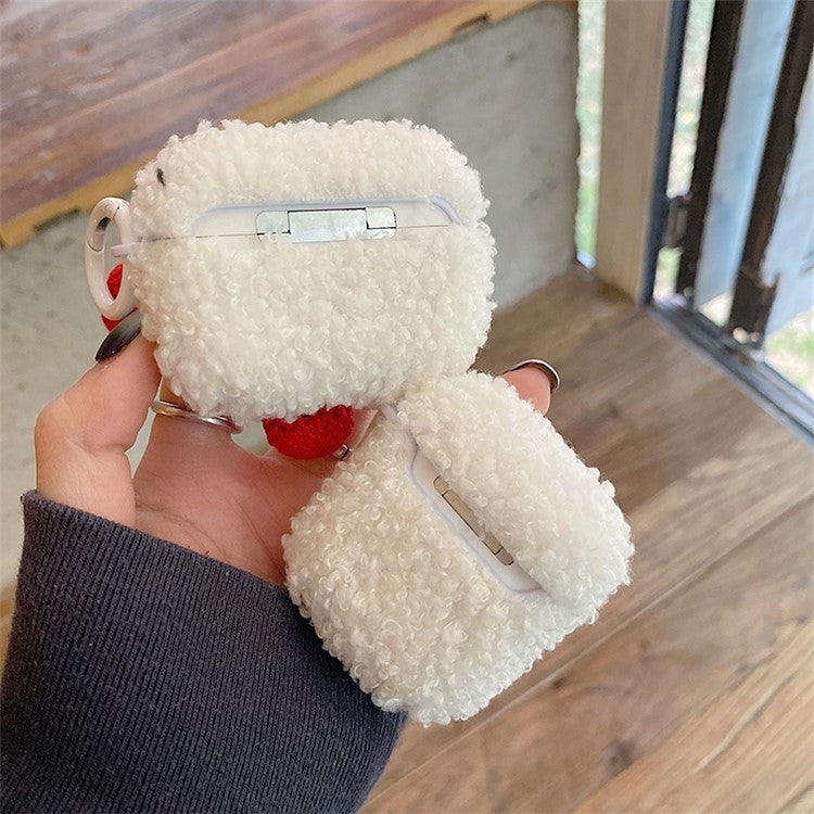 For Apple AirPods with Charging Case (2016) / (2019) / AirPods with Wireless Charging Case (2019) Knitted Cherry Decor Earphone Case Fluffy Plush TPU Earbud Cover with Ring Buckle