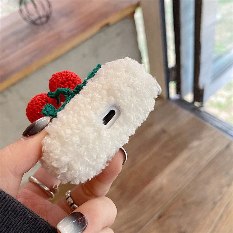 For Apple AirPods with Charging Case (2016) / (2019) / AirPods with Wireless Charging Case (2019) Knitted Cherry Decor Earphone Case Fluffy Plush TPU Earbud Cover with Ring Buckle