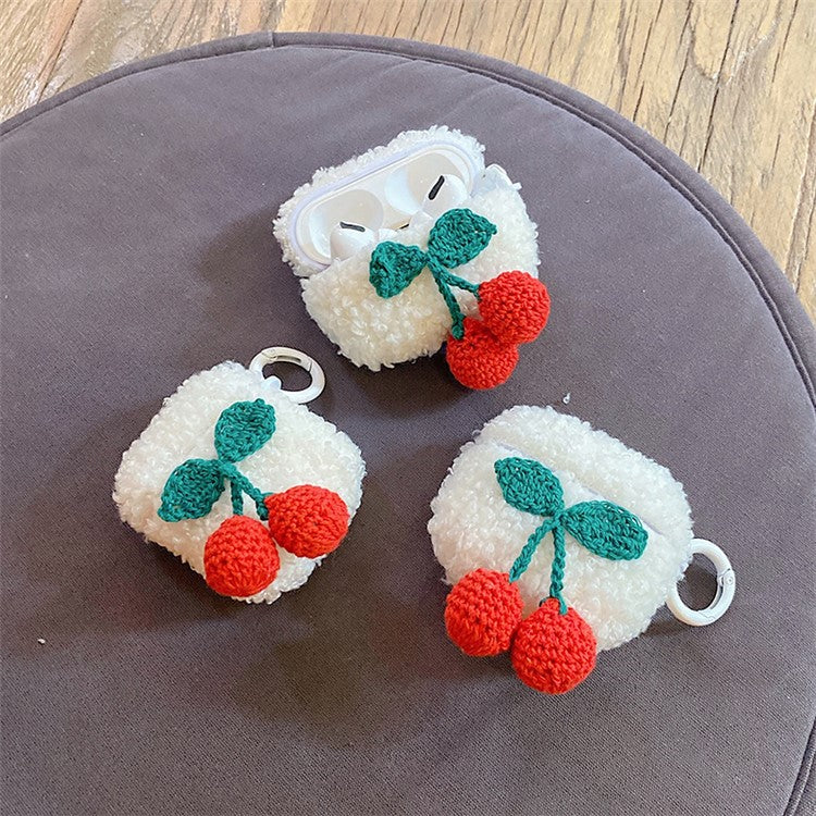 For Apple AirPods with Charging Case (2016) / (2019) / AirPods with Wireless Charging Case (2019) Knitted Cherry Decor Earphone Case Fluffy Plush TPU Earbud Cover with Ring Buckle