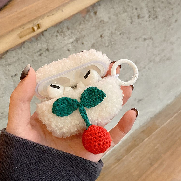 For Apple AirPods Pro 2 Knitted Cherry Decor Protective Earphone Case Fluffy Plush TPU Earbud Cover with Ring Buckle