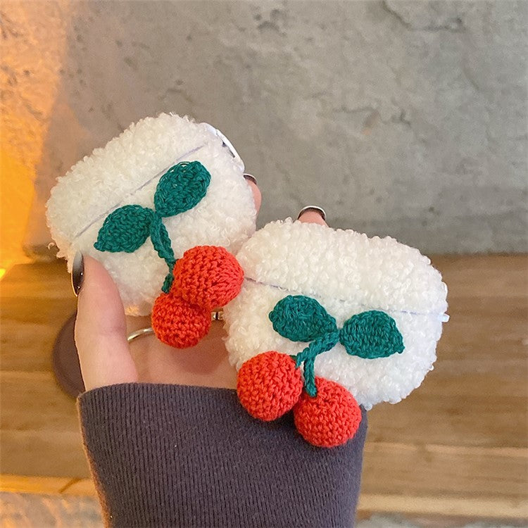 For Apple AirPods Pro 2 Knitted Cherry Decor Protective Earphone Case Fluffy Plush TPU Earbud Cover with Ring Buckle