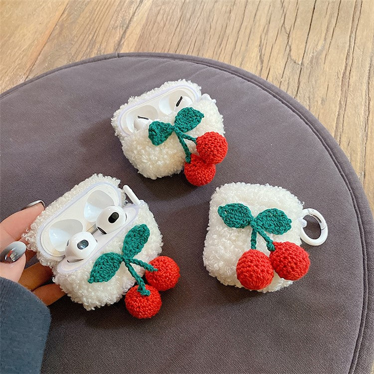 For Apple AirPods Pro 2 Knitted Cherry Decor Protective Earphone Case Fluffy Plush TPU Earbud Cover with Ring Buckle