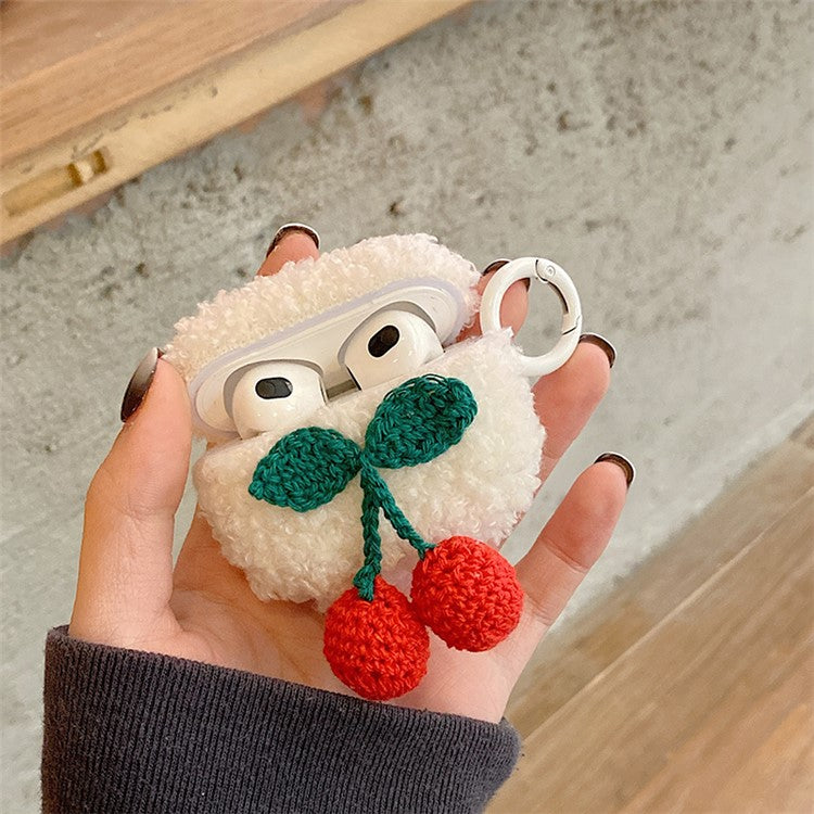 For Apple AirPods 3 Anti-drop Earphone TPU Case Knitted Cherry Decor Fluffy Plush Earbud Soft Cover with Ring Buckle