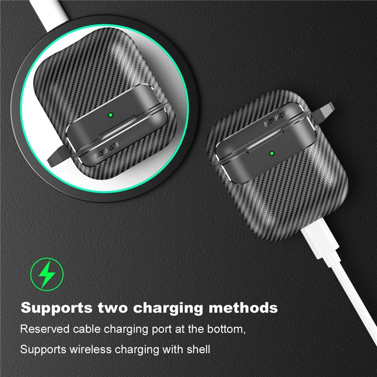 For AirPods with Charging Case (2016)  /  (2019)  /  AirPods with Wireless Charging Case (2019) Carbon Fiber TPU Anti-scratch Case Wireless Earphone Full Protection Cover - Black