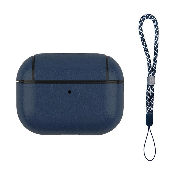 For AirPods Pro (Gen 2) (USB-C) / Pro 2 PU Leather Coated PC Drop-proof Case Bluetooth Earphone Anti-dust Protective Cover with Lanyard - Dark Blue