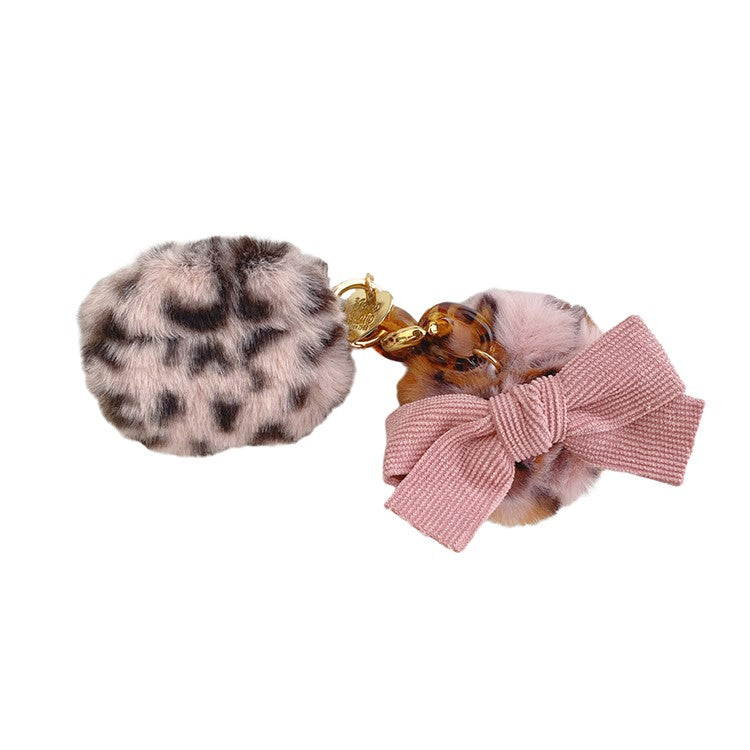 For Apple AirPods 3 Bluetooth Earbuds Case Leopard Pattern Soft Fake Fur Coated TPU Protective Cover with Bowknot Pompom - Pink