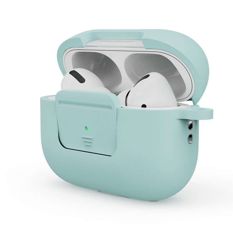 For AirPods Pro 2 Wireless Earphone Protective Cover Press Switch Anti-drop Silicone+PC Case with Hanging Buckle - Mint Green