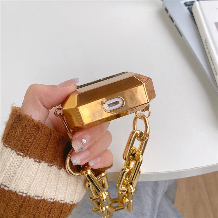 For Apple AirPods with Charging Case (2016) / (2019) / AirPods with Wireless Charging Case (2019) Protective Case Electroplating TPU Anti-drop Cover with Hand Chain - Gold