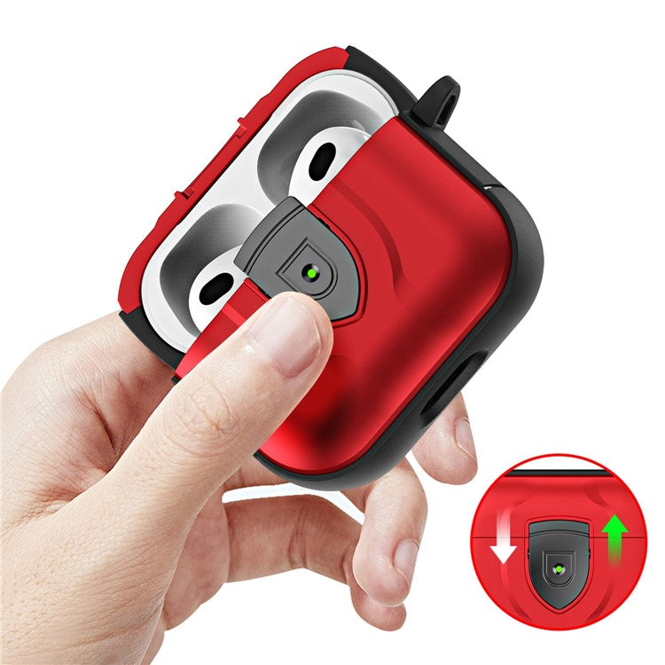 For Apple AirPods 3 Bluetooth Earphone Case Press Lock PC + TPU Drop-proof Earbuds Cover with Hanging Buckle - Red