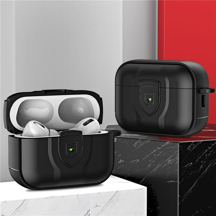 For Apple AirPods Pro 2 PC + TPU Shockproof Earphone Case Press Lock Protective Earbud Cover with Hanging Buckle - Black