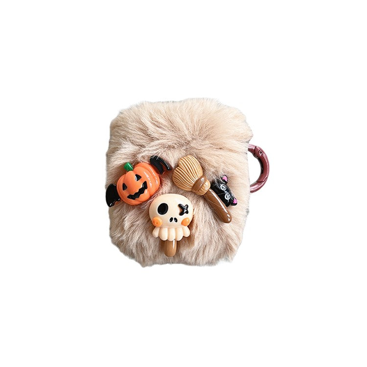 For Apple AirPods with Charging Case (2016)  /  (2019)  /  AirPods with Wireless Charging Case (2019) Little Ghost Skull Earphone Case Soft Fluff Earbud Cover with Ring Buckle - Khaki