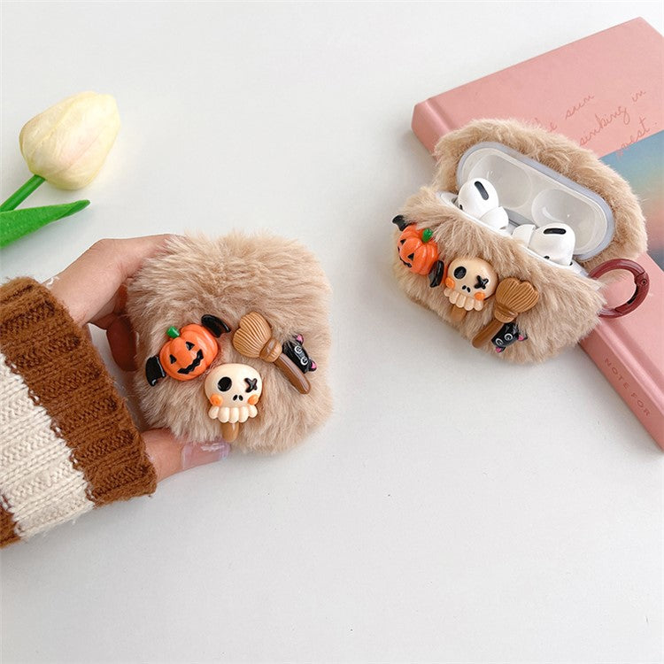 For Apple AirPods with Charging Case (2016)  /  (2019)  /  AirPods with Wireless Charging Case (2019) Little Ghost Skull Earphone Case Soft Fluff Earbud Cover with Ring Buckle - Khaki