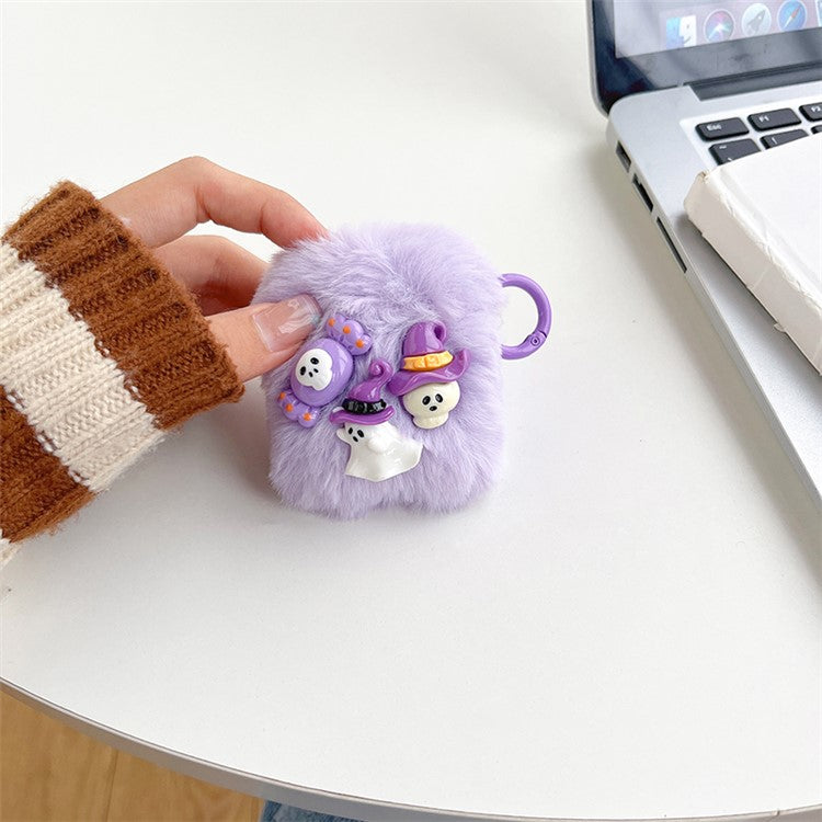 For Apple AirPods with Charging Case (2016)  /  (2019)  /  AirPods with Wireless Charging Case (2019) Little Ghost Skull Earphone Case Soft Fluff Earbud Cover with Ring Buckle - Purple