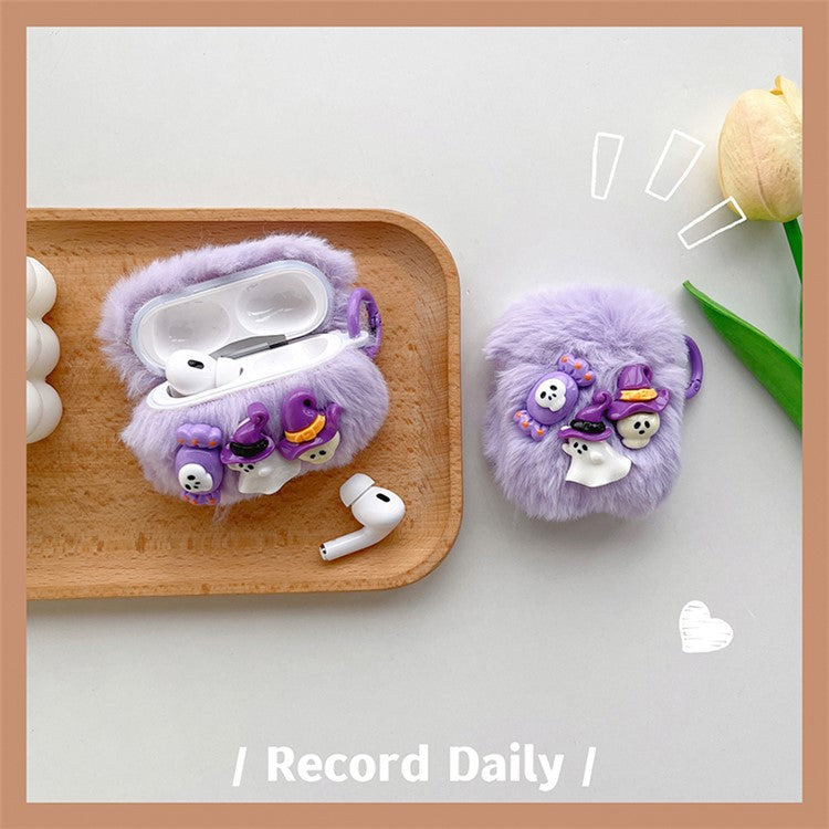 For Apple AirPods with Charging Case (2016)  /  (2019)  /  AirPods with Wireless Charging Case (2019) Little Ghost Skull Earphone Case Soft Fluff Earbud Cover with Ring Buckle - Purple