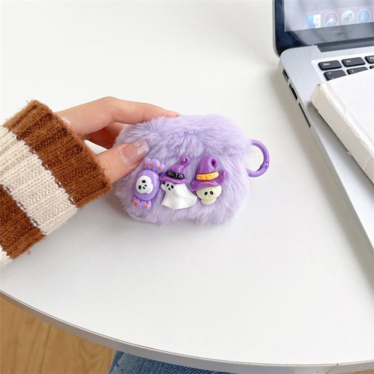 Soft Fluff Earbud Cover For Apple AirPods 3, Anti-fall TPU Little Ghost Skull Earphone Case with Ring Buckle - Purple