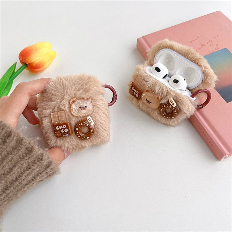 For Apple AirPods with Charging Case (2016)  /  (2019)  /  AirPods with Wireless Charging Case (2019) Bluetooth Earphone Case with Hook, Cartoon Bear / Doughnut / Chocolate Fluff + TPU Protective Cover