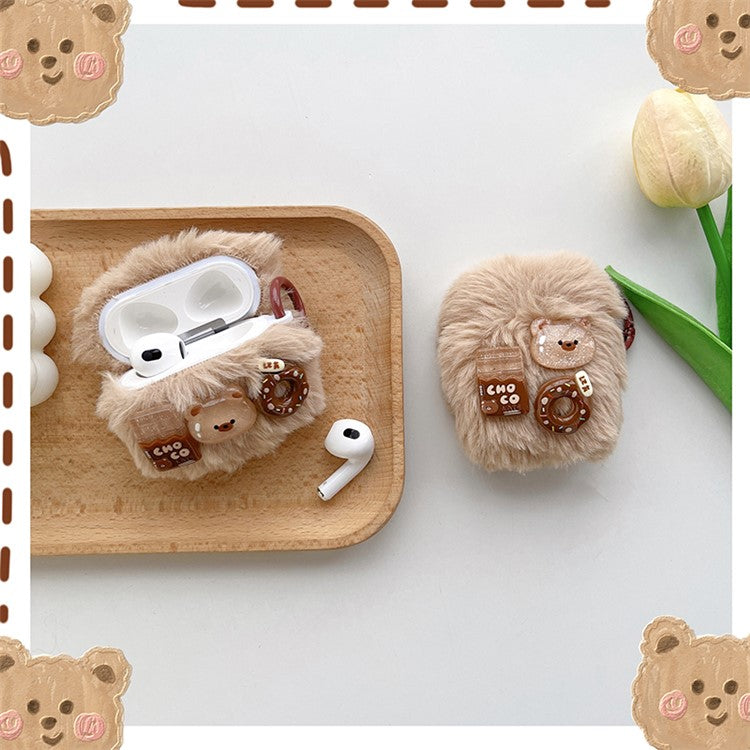 For Apple AirPods with Charging Case (2016)  /  (2019)  /  AirPods with Wireless Charging Case (2019) Bluetooth Earphone Case with Hook, Cartoon Bear / Doughnut / Chocolate Fluff + TPU Protective Cover