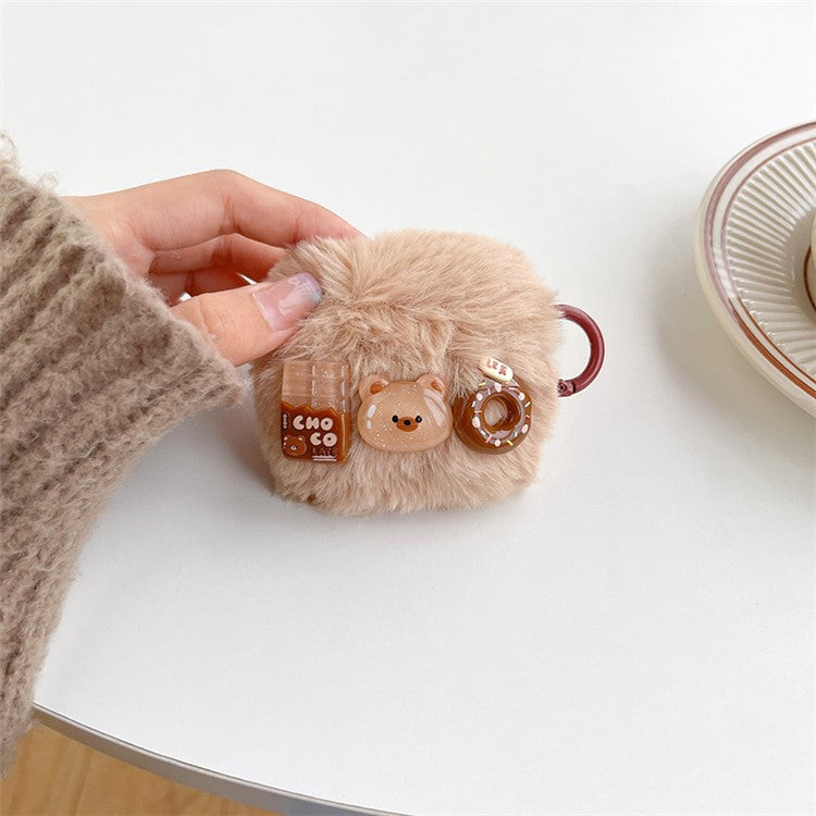 For Apple AirPods 3 Fluff + TPU Cover Cartoon Bear / Doughnut / Chocolate Bluetooth Earphone Protective Case with Hook