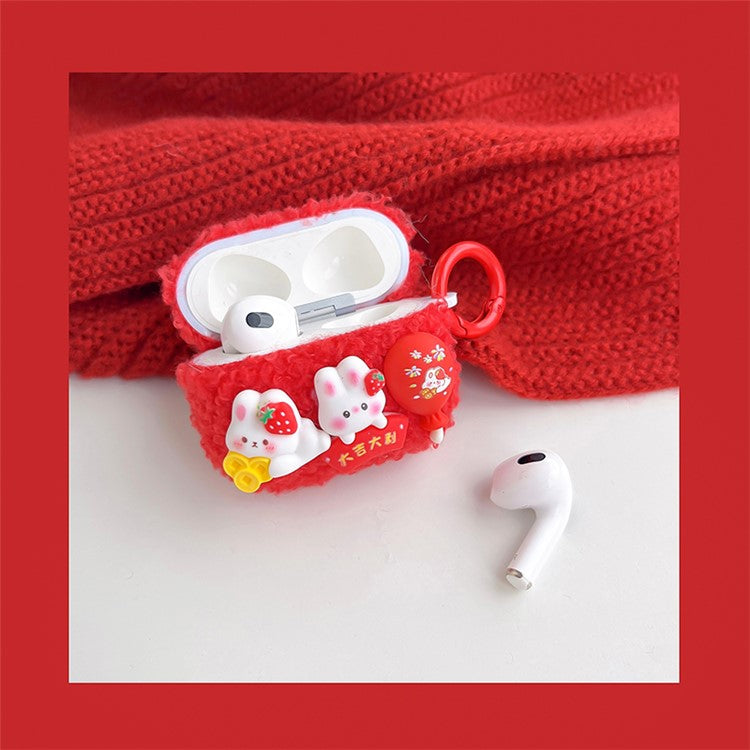 For Apple AirPods 3 Cute Rabbit Decor Anti-scratch Case Soft Fluff TPU Bluetooth Earphone Cover with Ring Buckle