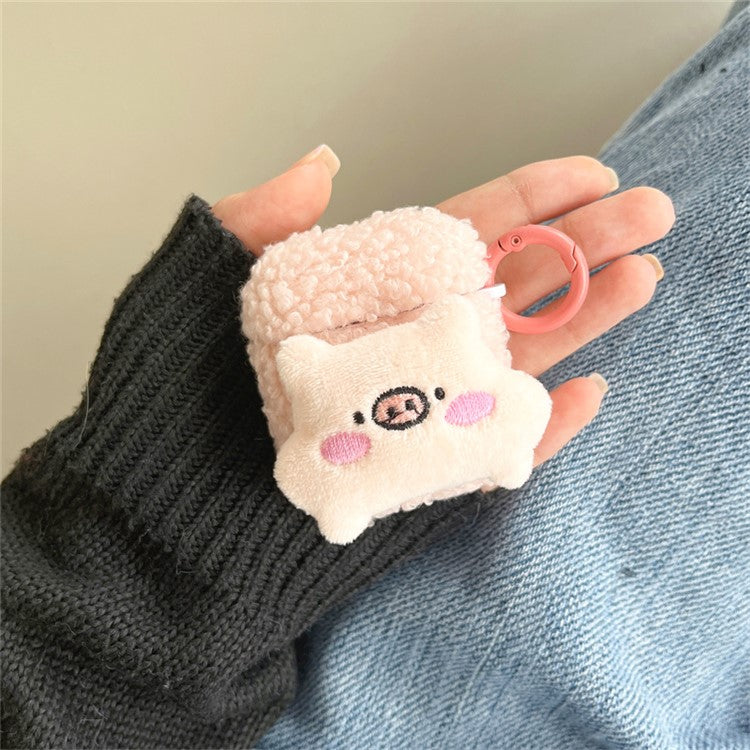 For Apple AirPods with Charging Case (2016) / (2019) / AirPods with Wireless Charging Case (2019) Fluff TPU Earphone Case Cute Piggy Earbud Protective Cover with Ring Buckle