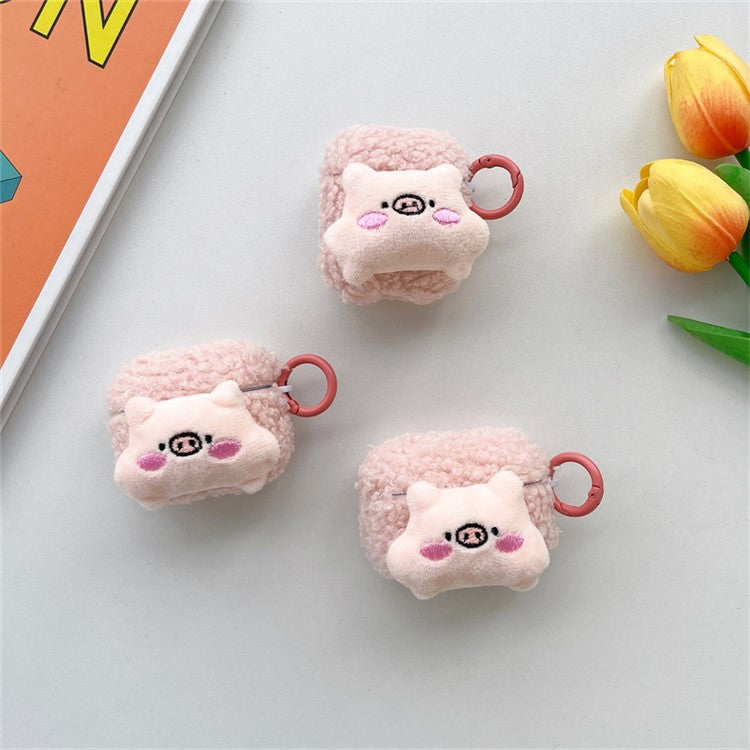 For Apple AirPods with Charging Case (2016) / (2019) / AirPods with Wireless Charging Case (2019) Fluff TPU Earphone Case Cute Piggy Earbud Protective Cover with Ring Buckle