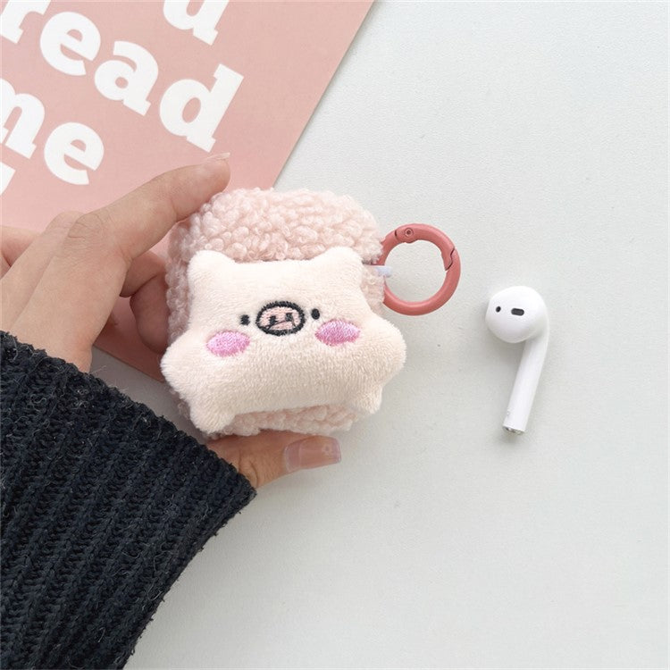 For Apple AirPods with Charging Case (2016) / (2019) / AirPods with Wireless Charging Case (2019) Fluff TPU Earphone Case Cute Piggy Earbud Protective Cover with Ring Buckle