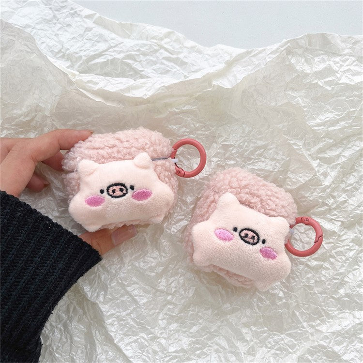 For Apple AirPods with Charging Case (2016) / (2019) / AirPods with Wireless Charging Case (2019) Fluff TPU Earphone Case Cute Piggy Earbud Protective Cover with Ring Buckle