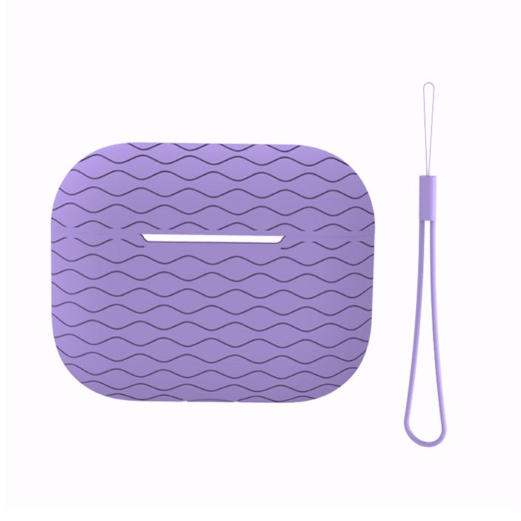 For Apple AirPods Pro 2 Wavy Edge Ocean Style Earphone Silicone Case Bluetooth Earbud Anti-drop Cover with Lanyard - Violet