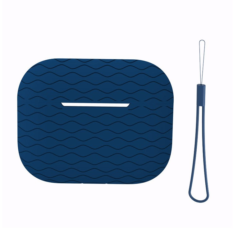 For Apple AirPods Pro 2 Wavy Edge Ocean Style Earphone Silicone Case Bluetooth Earbud Anti-drop Cover with Lanyard - Midnight Blue