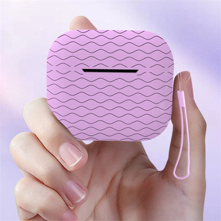 For Apple AirPods Pro 2 Wavy Edge Ocean Style Earphone Silicone Case Bluetooth Earbud Anti-drop Cover with Lanyard - Light Purple