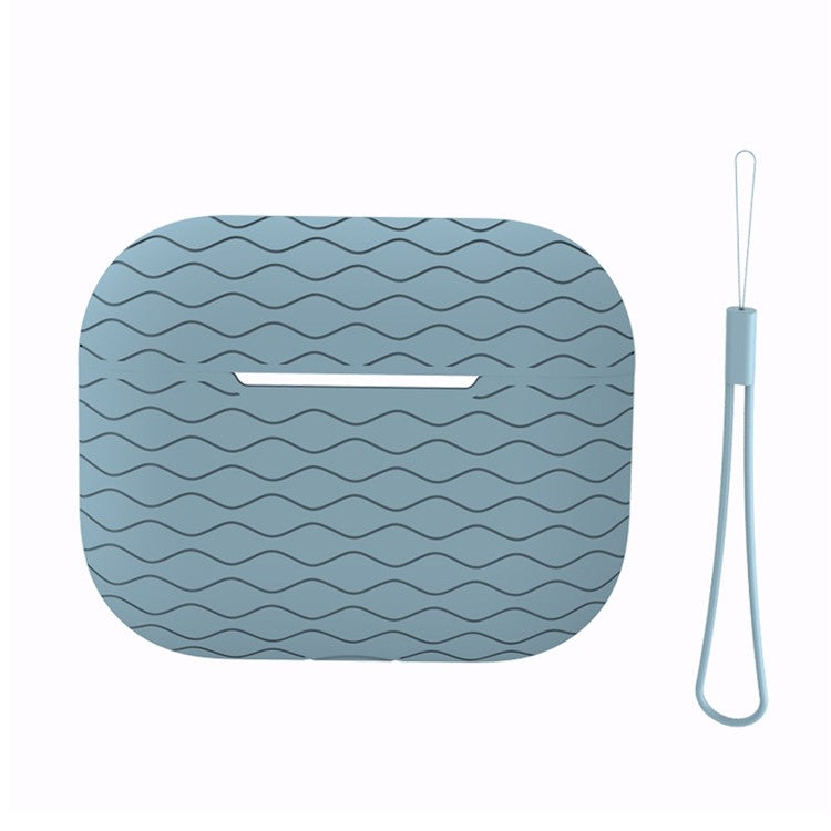 For Apple AirPods Pro 2 Wavy Edge Ocean Style Earphone Silicone Case Bluetooth Earbud Anti-drop Cover with Lanyard - Denim Blue