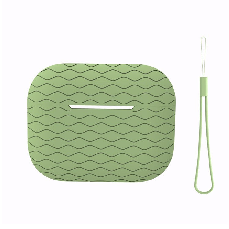 For Apple AirPods Pro 2 Wavy Edge Ocean Style Earphone Silicone Case Bluetooth Earbud Anti-drop Cover with Lanyard - Matcha Green