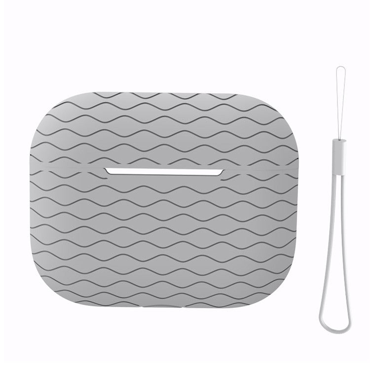 For Apple AirPods Pro 2 Wavy Edge Ocean Style Earphone Silicone Case Bluetooth Earbud Anti-drop Cover with Lanyard - Grey