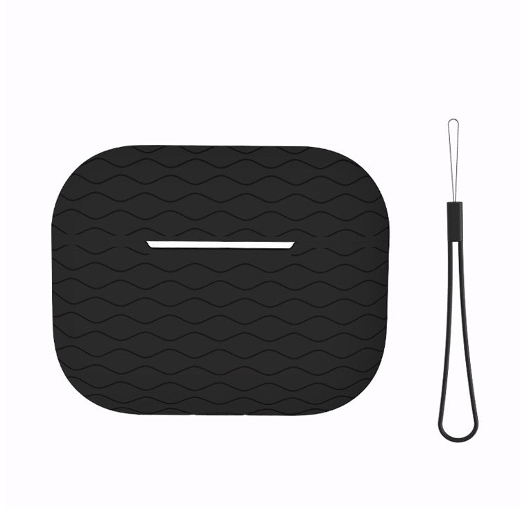 For Apple AirPods Pro 2 Wavy Edge Ocean Style Earphone Silicone Case Bluetooth Earbud Anti-drop Cover with Lanyard - Black