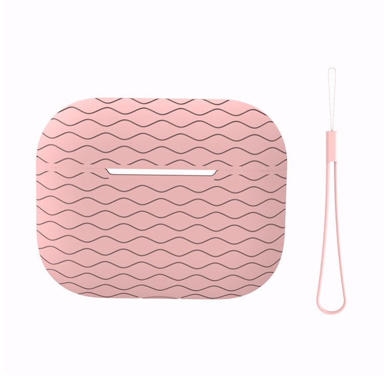 For Apple AirPods Pro 2 Wavy Edge Ocean Style Earphone Silicone Case Bluetooth Earbud Anti-drop Cover with Lanyard - Pink