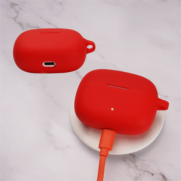 For JBL WAVE BEAM Bluetooth Earphone Silicone Protective Case Anti-scratch Anti-drop Cover with Anti-lost Buckle - Red