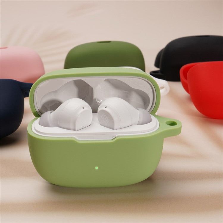 For JBL WAVE BEAM Bluetooth Earphone Silicone Protective Case Anti-scratch Anti-drop Cover with Anti-lost Buckle - White