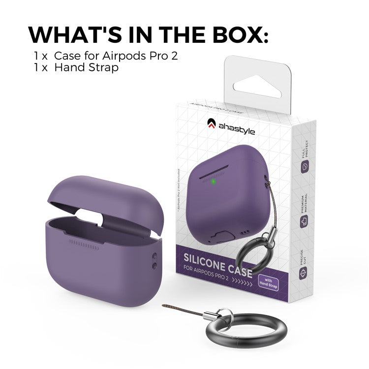 AHASTYLE PT187-G Shockproof Silicone Case for Apple AirPods Pro 2 Earphone Charging Bin Drop Protection Cover with Carrying Loop Strap - Dark Purple